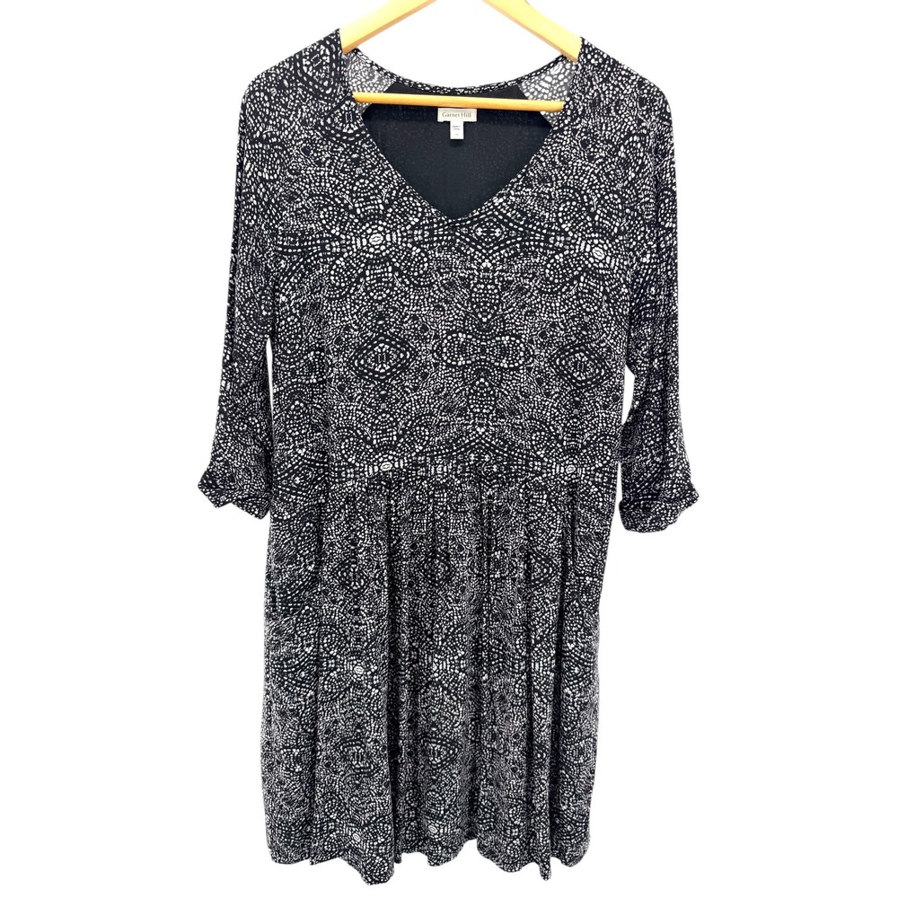 Garnet Hill Dress 10 V-Neck Black White Abstract Mosaic Knit Lined 3/4 Sleeve